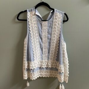 Lace Trim Sleeveless Top - blue and white